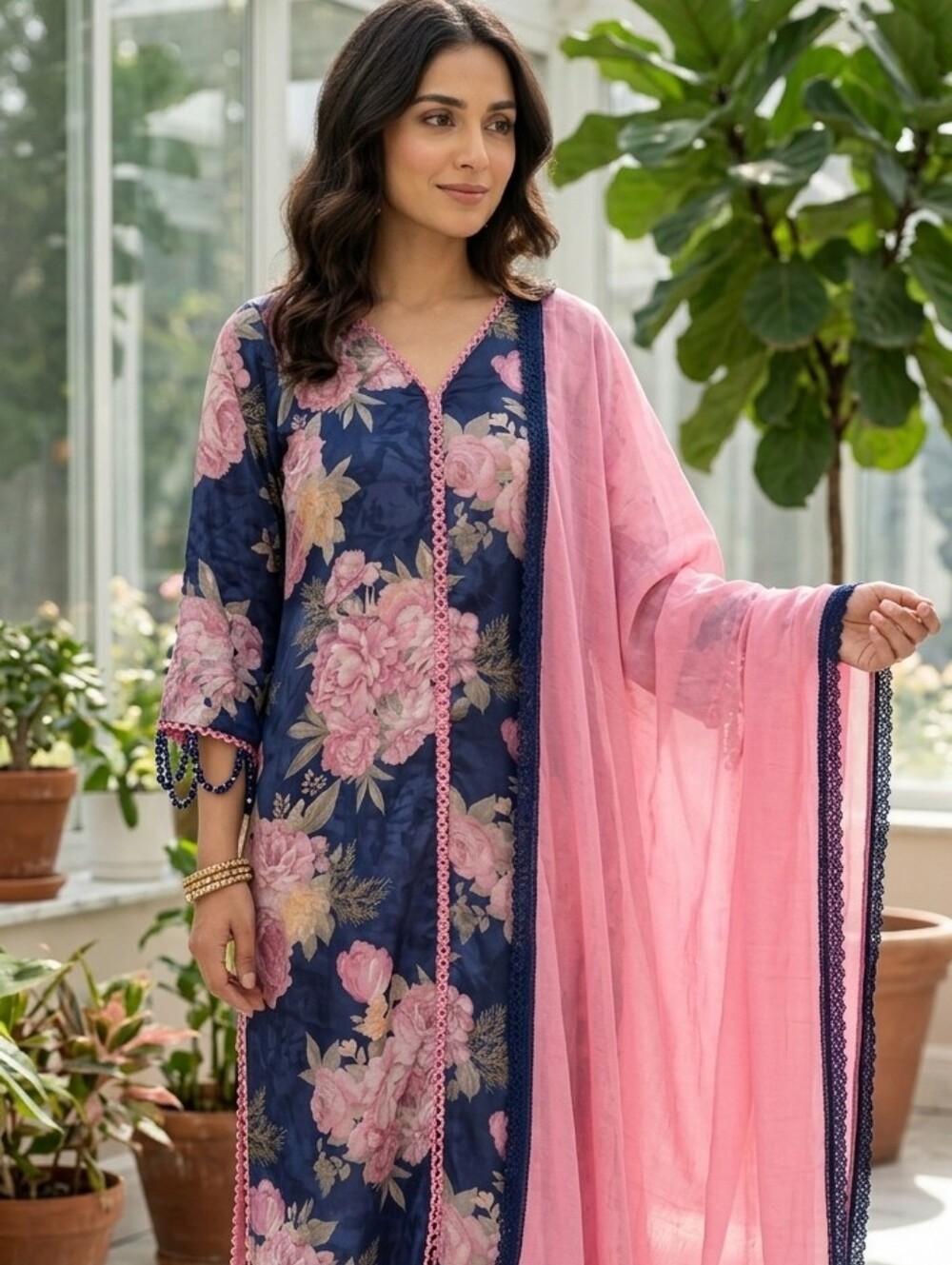 Navy Floral Kurta Set with Pink Dupatta